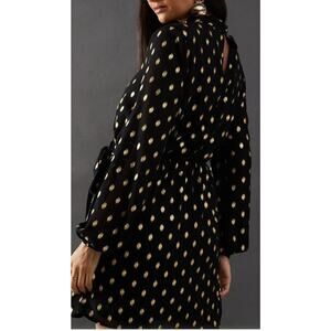 Hunter Dixon Anthropologie Silk Belted Mini Dress Sz 4 S Black Gold Foil Dot